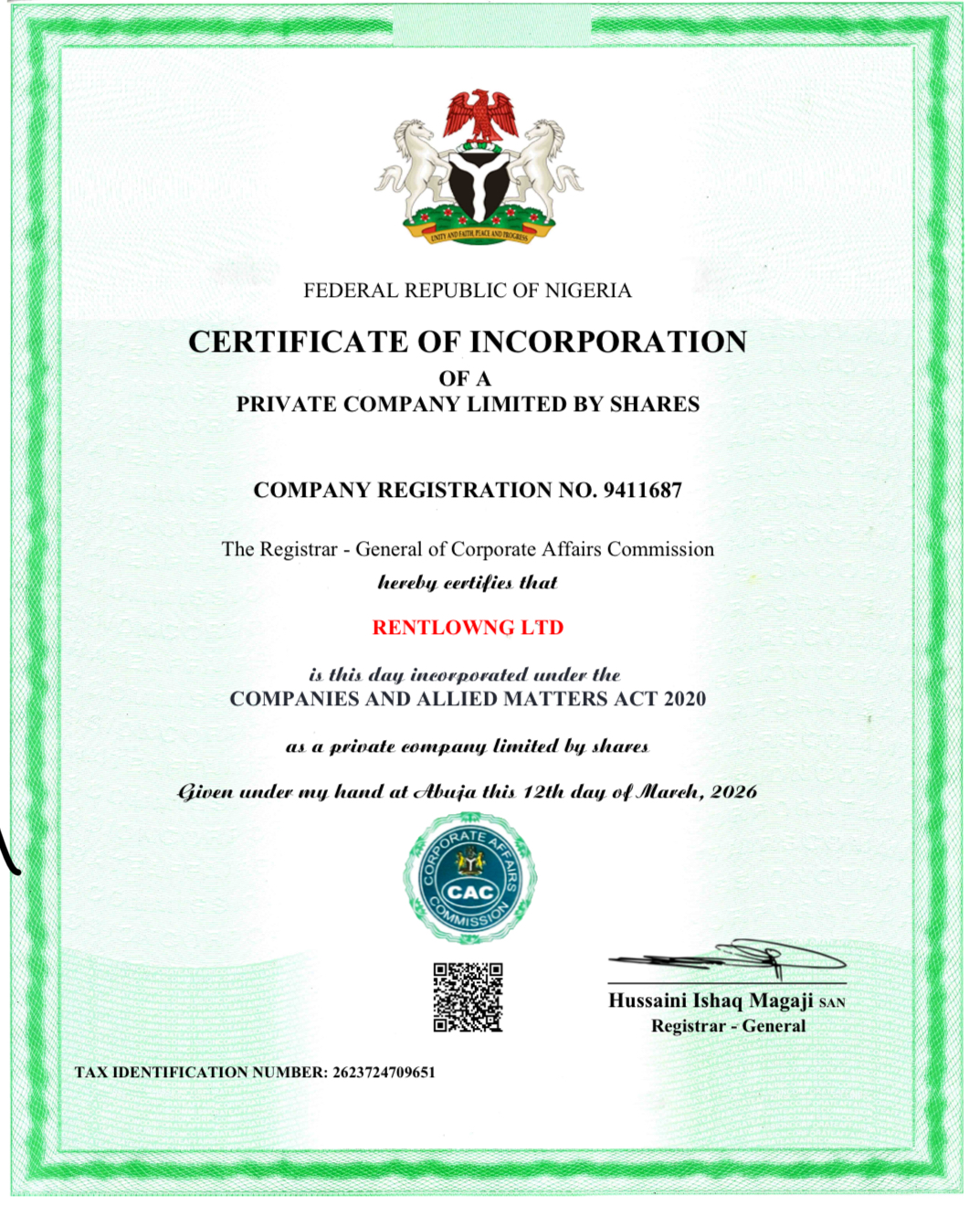 Corporate Affairs Commission Certificate